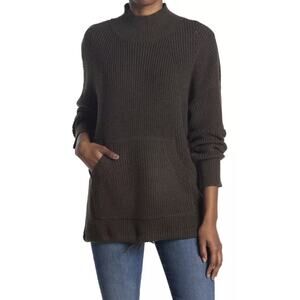 RDI Mock Neck Kangaroo Pocket Ribbed Tunic Sweater Pointelle olive sz L A003565